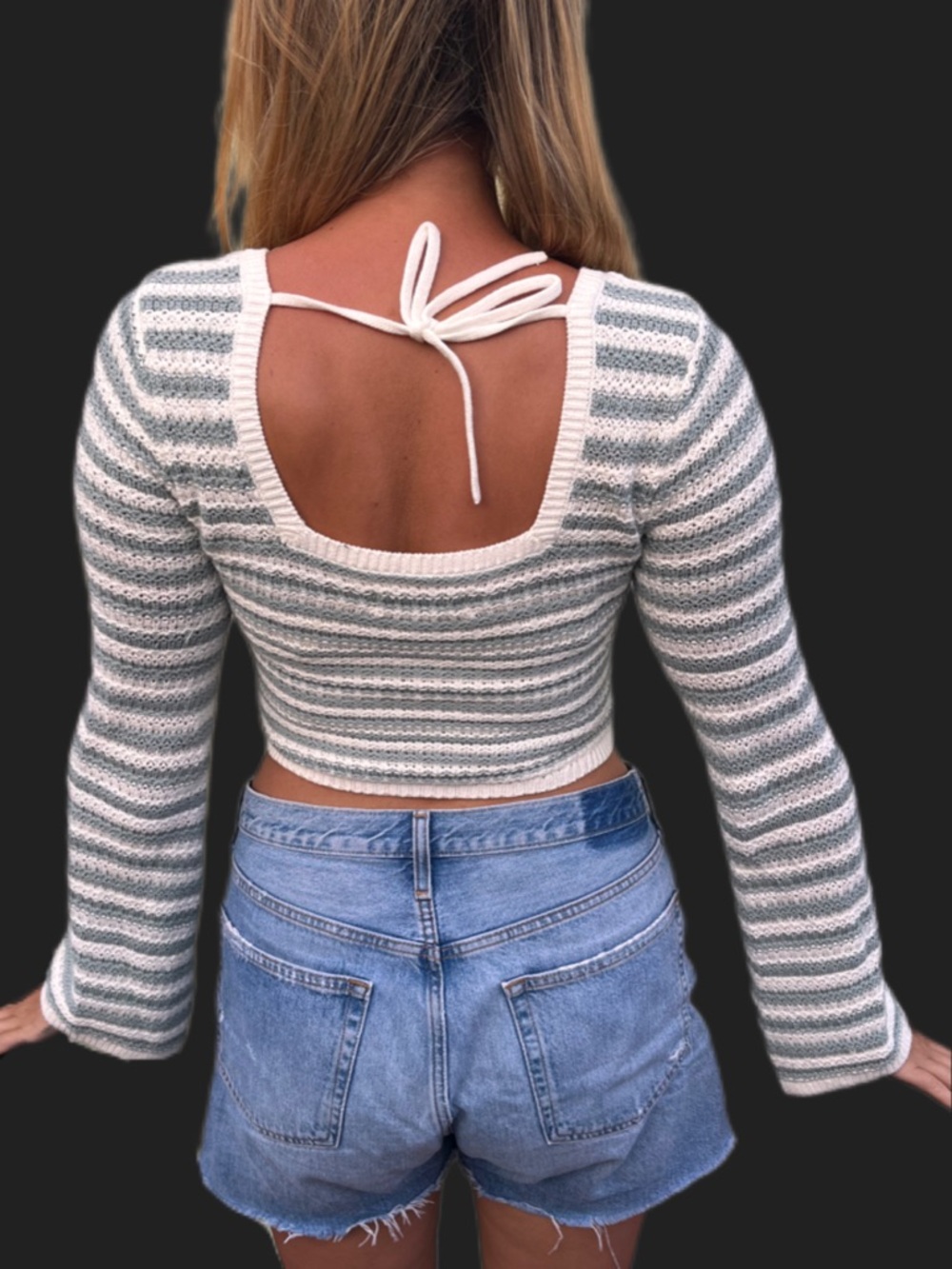 Bell Sleeve Cropped Sweater- Hollister - Green & White Stripes